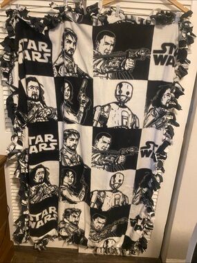 Handmade Star Wars Themed Black & White Character Panel Fleece Tie-Edge Throw
